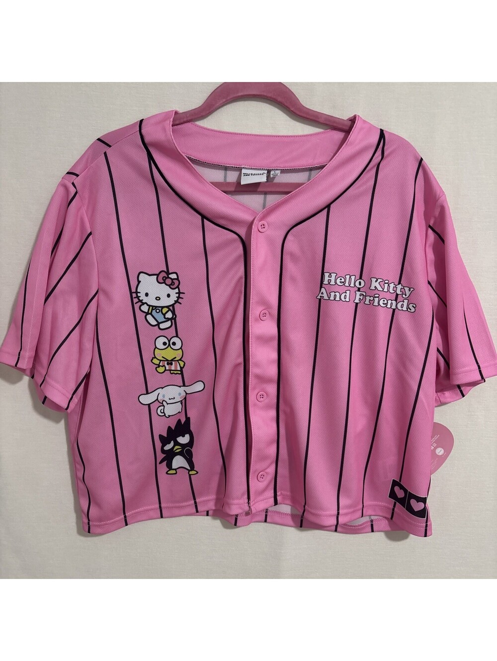 NWT! Hello Kitty & Friends Women's Size L Jr.  Pink Graphic Baseball Jersey Top
